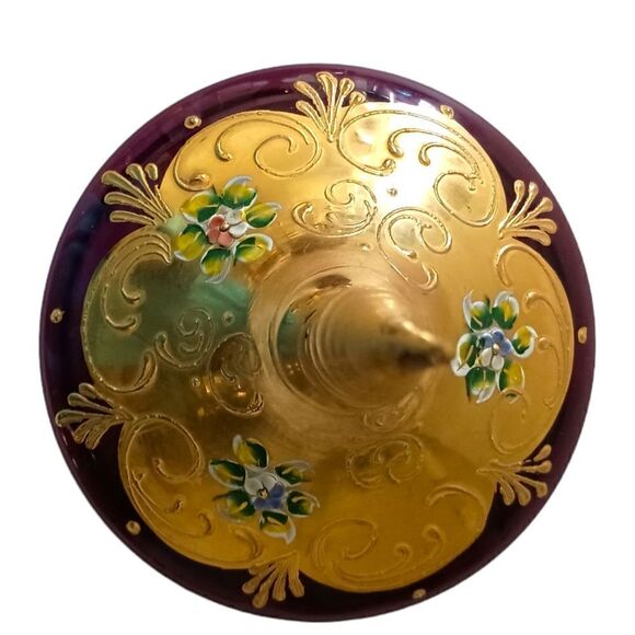 Ardalt Covered Dish Italy Gold Floral Amethyst Glass Gold Handpainted Vintage. - Picture 6 of 16